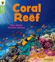 "Coral Reef" in großen, orangefarbenen Buchstaben, ein Taucher erkundet ein farbenfrohes Korallenriff umgeben von Fischen.