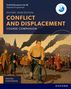 „Conflict and Displacement“, illustriert: Menschen ziehen mit Gepäck durch eine Stadt, ein Mann schiebt ein Fahrrad., Buch