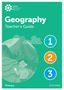 "Geography Teacher’s Guide", "Primary". Illustration eines Kindes vor Bergen. Zahlen in Kreisen: 1, 2, 3., Buch