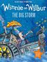 "Winnie and Wilbur: The Big Storm." Frau mit buntem Schirm und Katze auf einem Dampfschiff im Regen, lustige Illustration., Buch