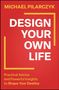 "Design Your Own Life" von Michael Pilarczyk. Rote Buchcover mit weißen und gelben Texten und dekorativen Linien., Buch