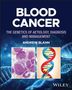 "BLOOD CANCER," Überschrift. Unten ein Mikroskopbild von Zellen und eine Illustration einer DNA-Helix auf blauem Hintergrund., Buch