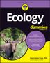 Text: "Ecology for dummies", "Explore how ecosystems work." Ein Elch in der Natur, gelber und lila Hintergrund, Cartoon-Logo., Buch