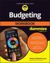 „Budgeting Workbook for Dummies“ zeigt ein Smartphone mit Ausgabenübersicht und eine Hand. Oben ist ein gelbes Logo.