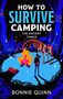 Text: "How to Survive Camping: The Fairy and the Fomorian" von Bonnie Quinn. Illustration zeigt ein Lagerfeuer, Person und Skelett., Buch