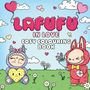 „LAFUFU IN LOVE COSY COLOURING BOOK“ in bunten Buchstaben. Zwei Comic-Figuren in Kostümen mit Herzen und Blumen., Buch