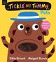 "Tickle My Tummy, Pets". "Wiggle, touch and feel!". Illustration eines braunen Hundes mit blauem Hut.