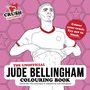 Illustration: "THE UNOFFICIAL JUDE BELLINGHAM COLOURING BOOK". Person hebt T-Shirt, Hintergrund rosa mit Sechsecken.