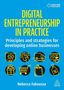 "Digital Entrepreneurship in Practice: Principles and strategies for developing online businesses." Symbole wie Tasche, Wagen.