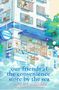 „our friends at the convenience store by the sea“ von Sonoko Machida. Illustration eines Ladens am Meer mit Pflanzen., Buch