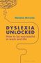 "Natalie Brooks" und "Dyslexia Unlocked: How to be successful in work and life" auf orangem Hintergrund mit abstrakten Linien., Buch