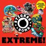 "STICKER BOMB EXTREME!" in Weiß auf Rot. Bunte, verspielte Illustrationen: Alien, Affe, Kaktus, Skelett auf Fahrrad., Buch