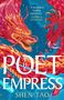 Texte: "A breathless reading experience", Andrea Stewart, The Poet Empress, Shen Tao. Illustration eines roten Drachen auf blauem Hintergrund., Buch