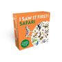 Text: "I Saw It First! Safari. A Family Spotting Game. Warning: Choking Hazard". Illustration mit Tieren und Zebra am Rand.