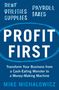 Gekritzelte Wörter "RENT", "SUPPLIES", "PAYROLL", "TAXES" mit Linien durchgestrichen. Titel: "PROFIT FIRST". Autor: Mike Michalowicz., Buch