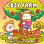 "COZY FARM" und "A SUPER-CUTE COLORING BOOK". Zwei knuffige Tiere ernten Äpfel von Bäumen in idyllischer Umgebung., Buch