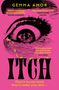 Text: "ITCH! They're in your head, they're under your skin..." Ein Auge mit schwarzen und rosa Kontrasten., Buch