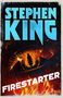 Text: "Stephen King" in großen blauen Buchstaben, "Firestarter" diagonal in weiß. Silhouette in flammendem Auge., Buch
