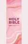 Texte: "HOLY BIBLE", "NIV NEW INTERNATIONAL VERSION". Hintergrund: Rosa Marmorierung mit goldenen Linien.