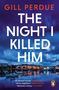 Buchtitel: "THE NIGHT I KILLED HIM" von Gill Perdue. Stadtlandschaft bei Nacht mit beleuchtetem Hafen und Segelbooten., Buch