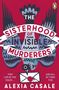 "The Sisterhood of Invisible Murderers" in kräftigen Buchstaben, Vogel mit Brief, roten Tropfen, violettes und rotes Farbschema.