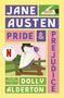 Titel: "PRIDE & PREJUDICE". Autorin: "JANE AUSTEN". Einleitung von "DOLLY ALDERTON". Illustration mit Feder und Frau auf einer Bank., Buch