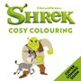 Text: "Shrek Cosy Colouring", "Cover Coming Soon". Illustration: Grüner Oger umarmt fröhlichen Esel., Buch