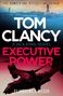 Titel: "Executive Power" von Tom Clancy. Ein Hubschrauber fliegt vor Sonnenuntergang über eine Stadt., Buch