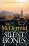 „A Karen Pirie Thriller“, Val McDermid, „Silent Bones“, Zitat von Kate Mosse. Silhouette einer Stadt im Abendlicht., Buch