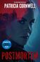 "The Worldwide Bestseller Patricia Cornwell POSTMORTEM." Rotes Gesicht im Vordergrund, Person im Hintergrund, blauer Filter., Buch