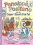 „Penelope Positano and the Super Secret Pen-Pal“ in bunter Schrift. Zwei Kinder lesen Briefe im Zimmer. Belebte Szene.