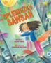 Text: "SPLENDIDLY SAWSAN", "WRITTEN BY RAZAN ABDIN", "ILLUSTRATED BY SHAHRZAD MAYDANI". Illustration: Ein Kind fliegt mit Umhang., Buch