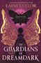 Texte: LAINI TAYLOR, SILKSINGER, THE GUARDIANS OF DREAMDARK. 

Eine Figur mit dekorativen Flügeln und ein großes, stilisiertes schwarzes Schmetterlingsmotiv.