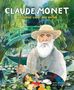"CLAUDE MONET CAPTURING LIGHT AND NATURE" in weiß und gelb. Illustration von Monet mit Pinsel, Farbpalette, japanische Brücke.