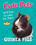 „Cute Pets and how to care for them: Guinea Pigs.“ Ein Meerschweinchen vor türkisfarbenem Hintergrund mit Pfotenabdrücken.