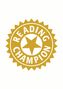 Text „READING CHAMPION“, umgeben von einem goldenen Stern und gezacktem Rand, wirkt wie ein Siegel oder Abzeichen.