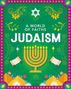 Text: "A World of Faiths - Judaism". Illustration mit Menora, zwei Schriftrollen, Davidstern und dekorativen Elementen.
