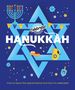 "Celebrate Hanukkah" mit Menora, Davidstern, Girlanden, Dreidel, Krug und Krapfen auf blauem Hintergrund.