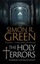 Der Text lautet: „SIMON R. GREEN. THE HOLY TERRORS. Six people go in. How many will come out?“ Sicht auf einen dunklen Flur.