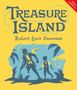 "Treasure Island, Robert Louis Stevenson." Silhouetten von zwei Figuren, Pirat mit Papagei, Schatztruhe, gelber Hintergrund., Buch
