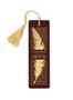 "Tales from Shakespeare". Ein braunes Lesezeichen mit goldener Feder und Quastenanhänger. Dekoratives Muster.