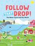 „FOLLOW THAT DROP! The Water Cycle and Our World.“ Illustration einer Landschaft mit Fluss, Häusern und Menschen im Regen., Buch