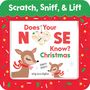 Text: "Scratch, Sniff, & Lift. Does Your NOSE Know? Christmas." Illustration: Zwei Rehe mit roten Schleifen., Buch