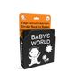 „A High-Contrast Crinkle Fabric Stroller Book for Babies“ steht oben. Darunter: „BABY'S WORLD“ mit Baby und Blumen., Buch