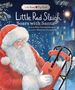 „Little Red Sleigh Soars with Santa“; Illustration: Weihnachtsmann mit rotem Schlitten, im Hintergrund ein winterliches Schloss., Buch