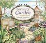 „Serenity Garden Coloring Book: Scenes of Tranquility and Peace.“ Illustration eines Gartens mit Bank, Blumen und Pavillon., Buch