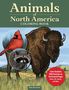 "Animals of North America Coloring Book" zeigt Bison, roten Kardinal und Waschbär, mit Text über ausmalbare Wildtiere., Buch