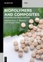 „BIOPOLYMERS AND COMPOSITES“, grünes Blatt links, beige runde Objekte rechts, wissenschaftliche Ästhetik.