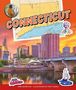 "CONNECTICUT" in großen Buchstaben, Karte, Vogelbild, Porträt eines Mannes, Stadtansicht mit Brücke im Vordergrund., Buch