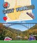 "West Virginia" in großen Buchstaben. Collage mit Karte, Brücke, Kardinalvogel, Apfel und Zugillustration., Buch